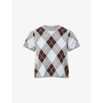Me And Em Womens  Baby Tee Argyle-pattern Cashmere Top In Multi