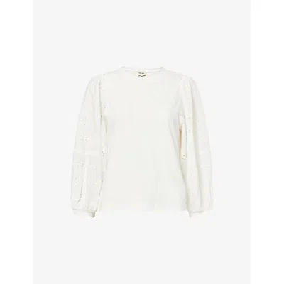 Me And Em And Em Womens Soft White Balloon-sleeve Broderie-anglaise Cotton-blend Top