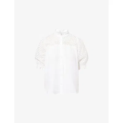 Me And Em And Em Womens Soft White Lace-panel Ruffled Cotton Top