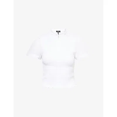 Me And Em And Em Womens Ruffle Shirred Cotton Top Soft White