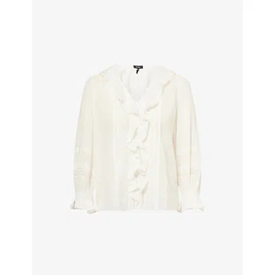 Me And Em And Em Womens V-neck Ruffle-trim Cotton-voile Blouse Soft White