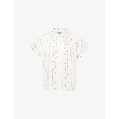 Me And Em And Em Womens Soft White/cinnamon Leaf-embroidered Cotton Blosue