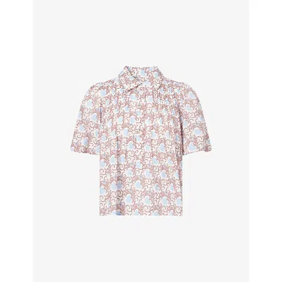 Me And Em And Em Womens Soft White/multi Floral-print Pintuck Cotton Swing Blouse