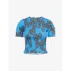 Me And Em Womens  Stencil Bloom-print Smocked Cotton-jersey Top In Provence Blue/spring