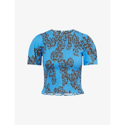 Me And Em Womens  Stencil Bloom-print Smocked Cotton-jersey Top In Provence Blue/spring