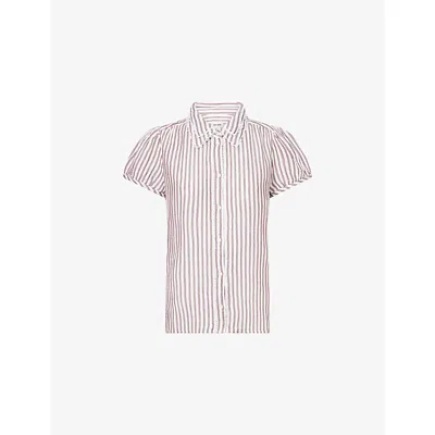 Me And Em And Em Womens Stripe Cap-sleeve Cotton Blouse Soft White/pecan Bro