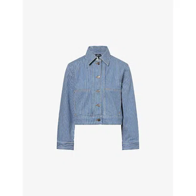 Me And Em Womens  Striped Cropped Stretch-denim Jacket In Navy/ecru