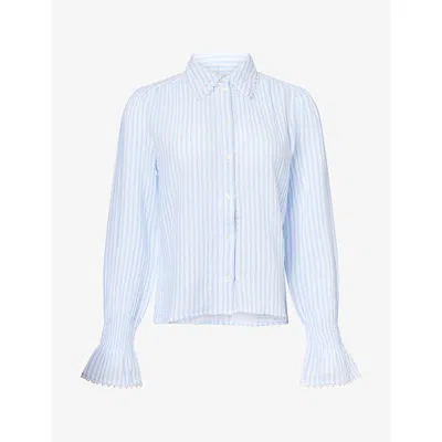 Me And Em And Em Womens Striped Lace-trim Cotton Blouse Blue/soft White