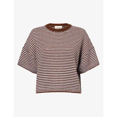 Me And Em And Em Womens Striped Merino-wool, Cashmere And Silk Knitted Top Pecan Brown/chambray Xs