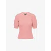 Me And Em And Em Womens Striped Puffed-sleeves Cotton-knit T-shirt Lipstick Red/soft Wh