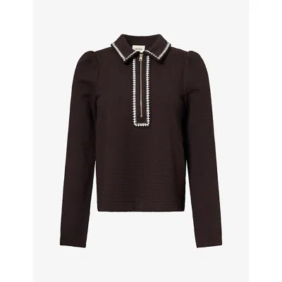 Me And Em And Em Womens Textured Contrast-trim Cotton-blend Top Cocoa Brown