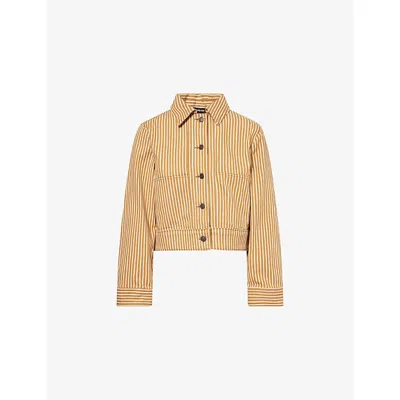 Me And Em Womens  Pointed-collar Striped Cotton Jacket In Toffee Ecru