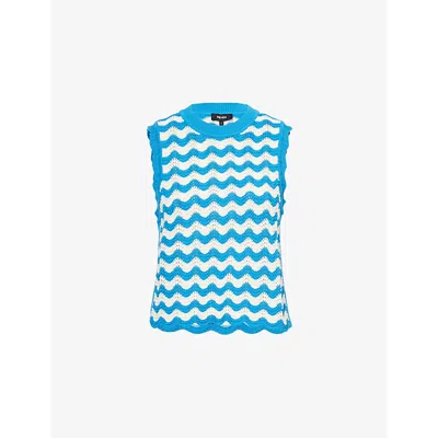 Me And Em And Em Womens Topaz Blue Cream Scallop Stripped Knitted Vest Top