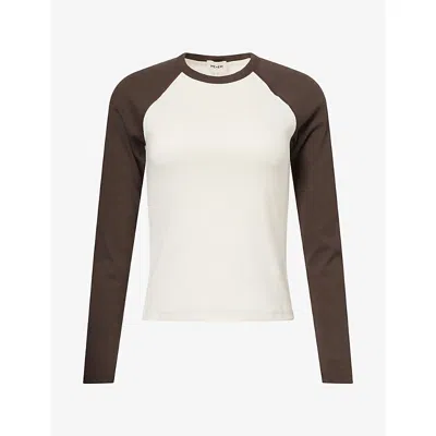 Me And Em And Em Womens Ultimate Contrast-sleeve Stretch-cotton T-shirt Autumn Ivory/rich Ol