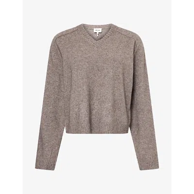 Me And Em And Em Womens V-neck Merino And Yak Jumper Heather Brown Melang Xs