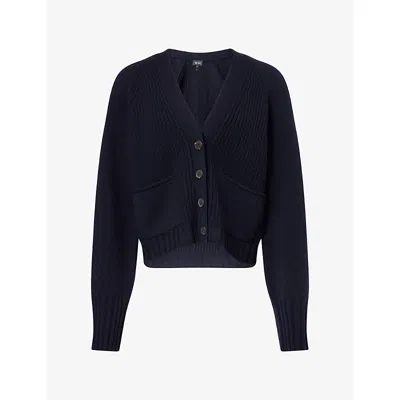 Me And Em And Em Womens V-neck Relaxed-fit Merino Wool And Cashmere Cardigan Navy In Blue