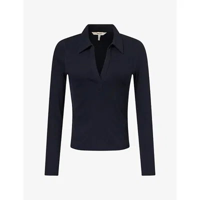Me And Em And Em Womens V-neck Ribbed Cotton-blend Polo Top Navy