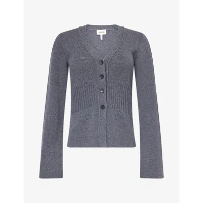 Me And Em And Em Womens Waisted V-neck Merino-wool And Cashmere Cardigan Mid Grey Melange Xs In Blue