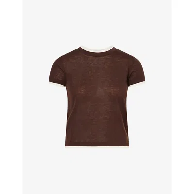 Me And Em And Em Womens Warm Chocolate/soft Barely There Contrast-trim Merino Wool-blend Top In Brown
