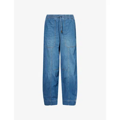 Me And Em And Em Womens Washed Mid Blue Tapered-leg Lightweight Denim Trousers