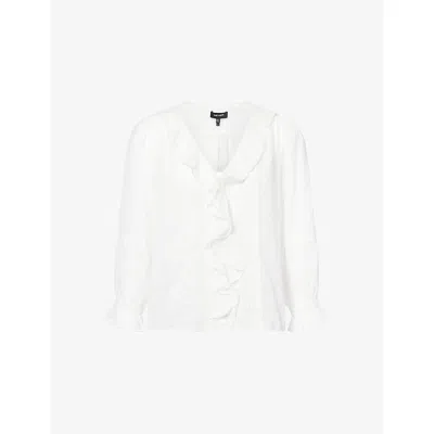 Me And Em And Em Womens White Ruffle-trim V-neck Cotton-voile Blouse
