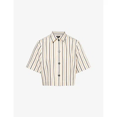 Me And Em And Em Womens White/tobacco Fluid Stripe Cropped Woven Overshirt