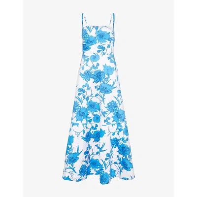 Me And Em Floral-print Smocked-panel Cotton Maxi Dress In Light Cream/blue/bla