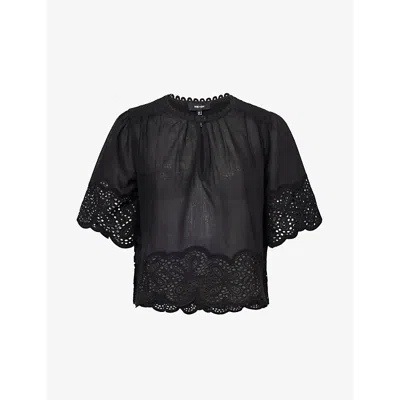 Me And Em Womens Black Broderie Gathered-pleated Cotton Blouse