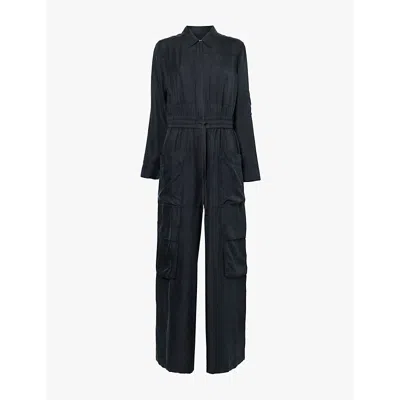 Me And Em Womens Black Patch-pocket Wide-leg Silk-twill Jumpsuit