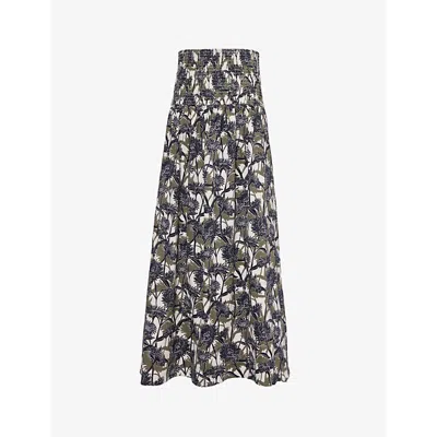 Me And Em Aster Printed High-rise Cotton Maxi Skirt In Cream/navy/khaki