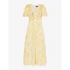 ME AND EM ME AND EM WOMEN'S LIGHT CREAM/YELLOW/R RUFFLE-TRIM FLORAL-PATTERN WOVEN MIDI DRESS