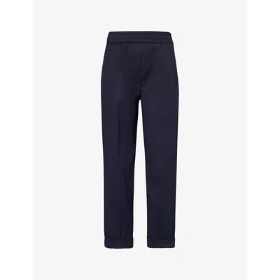 Me And Em Womens Navy Elasticated-waist Tapered-leg Mid-rise Cotton-blend Trousers