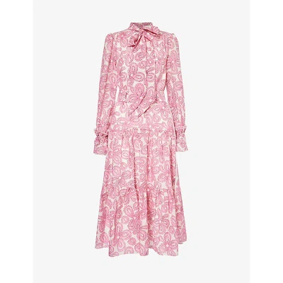 Me And Em Floral-print Cotton And Silk-blend Midi Dress In Pink/soft White