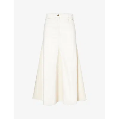 Me And Em Goblet-pleat High-rise Denim Midi Skirt In White/ecru