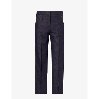 Me And Em Womens Indigo Pressed-crease Tapered-leg Mid-rise Cotton-blend Trousers