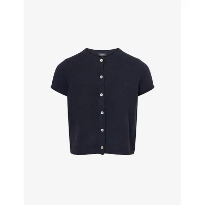 Me And Em And Em Womens Formal Navy Button-through Short-sleeves Stretch-wool Blend Top In Blue