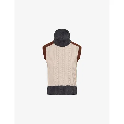 Me And Em And Em Womens Hazelnut Melange Mul Cable-knit Patched Wool And Cashmere Vest In Brown