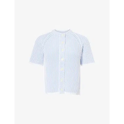 Me And Em And Em Womens Sky Blue/white Contrast-rib Chunky Cotton Knitted-cardigan In Multi