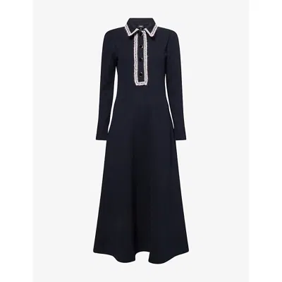 Me And Em And Em Womens Navy Crochet Flared Stretch-woven Midi Dress In Blue