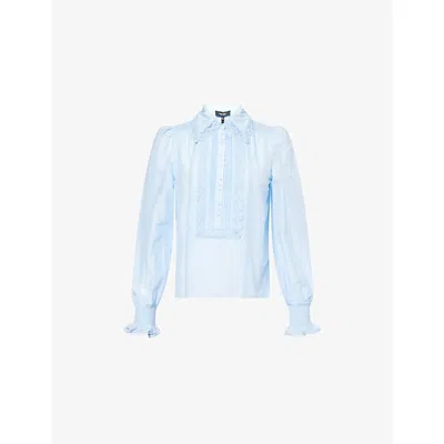 Me And Em And Em Womens Cloud Blue Embroidered Long-sleeves Cotton And Silk Blouse