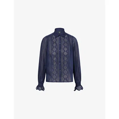 Me And Em And Em Womens Navy Embroidered Long-sleeves Cotton-poplin Shirt In Blue