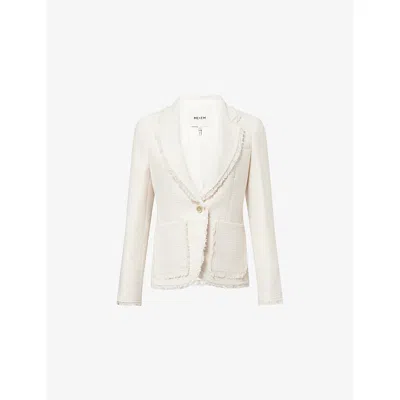 Me And Em And Em Womens Ivory Frayed-edge Textured Cotton-blend Blazer In White