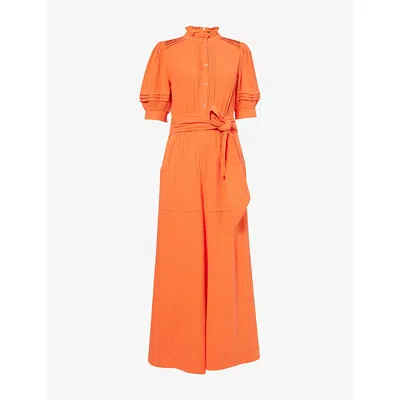 Me And Em And Em Womens Funnel-neck Wide-leg Cotton-cheesecloth Jumpsuit Papaya Orange