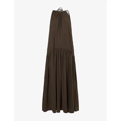 Me And Em And Em Womens Rich Olive Green Gathered Halter-neck Cotton Maxi Dress