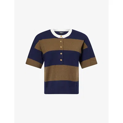 Me And Em And Em Womens Navy/olive Henley Striped Wool And Cashmere T-shirt