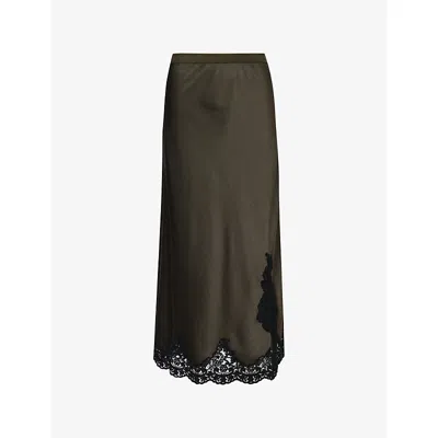 Me And Em And Em Womens Intense Olive Lace-embroidered Bias-cut Satin-crepe Maxi Skirt In Brown