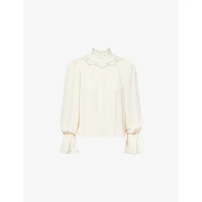 Me And Em And Em Womens Cream Lace-trim High-neck Silk Blouse In White