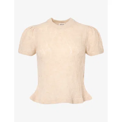 Me And Em Womens  Lofty Pointelle Slim-fit Wool-blend Knit T-shirt In Latte Melange