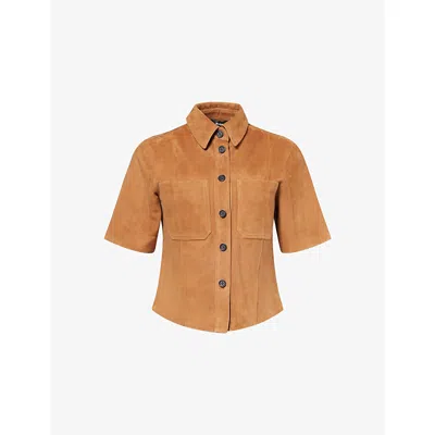 Me And Em And Em Womens Cigaro Brown Panelled Short-sleeve Suede Shirt