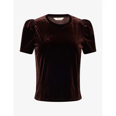 Me And Em Womens  Puffed-sleeve Velvet T-shirt In Dark Chocolate